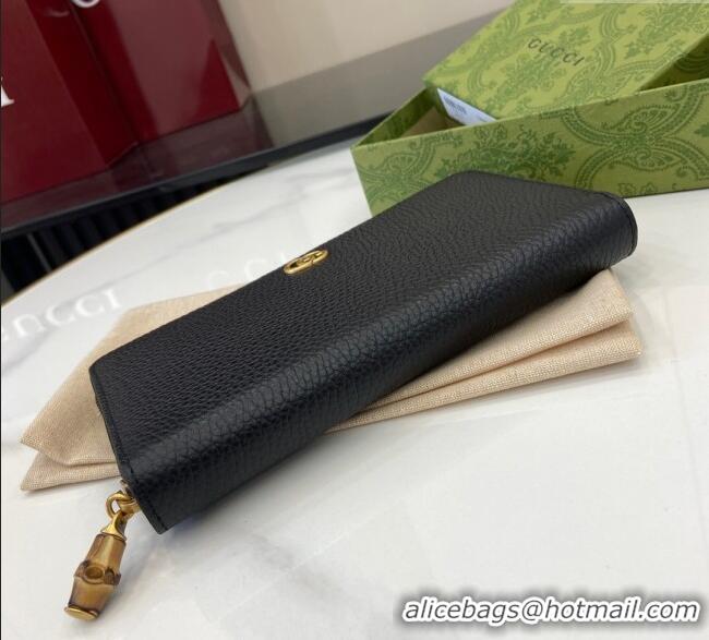 Best Price Gucci Double G Zip Around Long Wallet with Bamboo in Grained Leather 739499 Black 2025