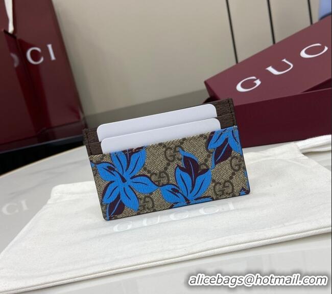 Top Design Gucci GG Canvas Card Case Wallet with Blue Flower Print 841149 2025