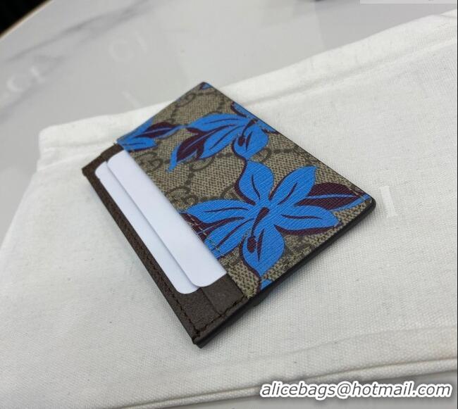 Top Design Gucci GG Canvas Card Case Wallet with Blue Flower Print 841149 2025