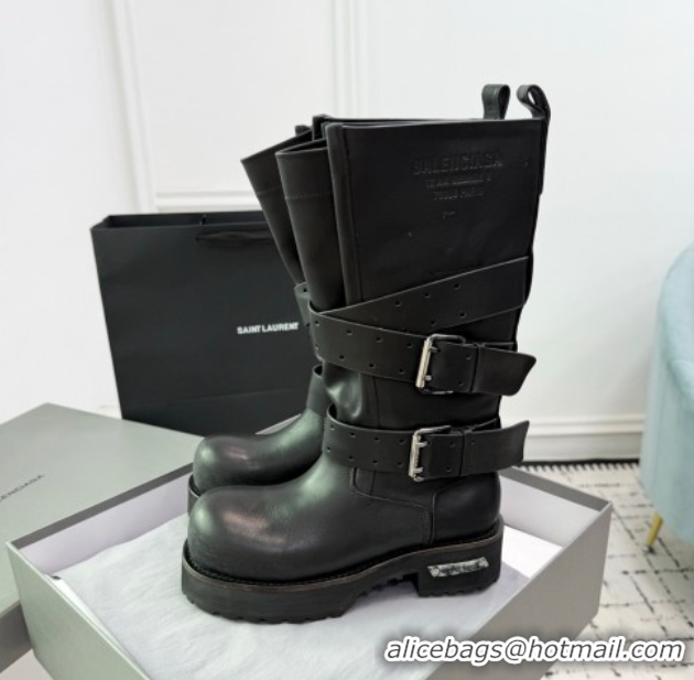 Pretty Style Balenciaga Venom High Boots in Calfskin with Buckle Strap Black 0708112