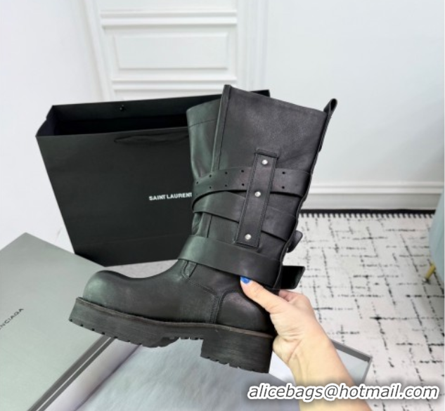 Pretty Style Balenciaga Venom High Boots in Calfskin with Buckle Strap Black 0708112