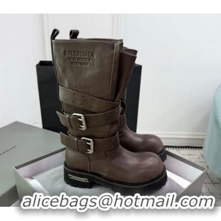 Top Design Balenciaga Venom High Boots in Calfskin with Buckle Strap Brown 0708113
