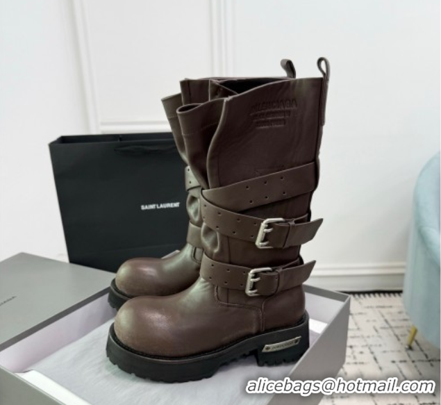 Top Design Balenciaga Venom High Boots in Calfskin with Buckle Strap Brown 0708113