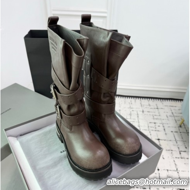 Top Design Balenciaga Venom High Boots in Calfskin with Buckle Strap Brown 0708113