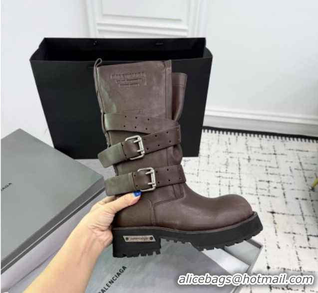 Top Design Balenciaga Venom High Boots in Calfskin with Buckle Strap Brown 0708113
