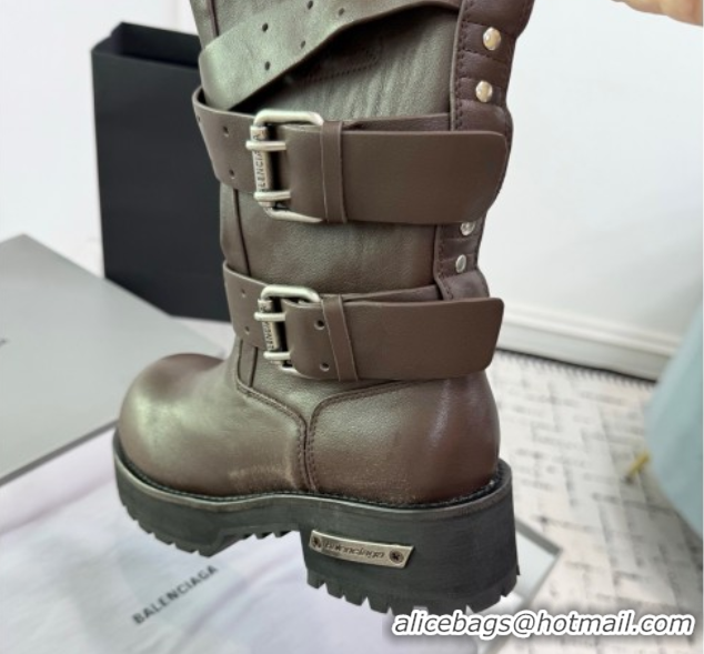 Top Design Balenciaga Venom High Boots in Calfskin with Buckle Strap Brown 0708113