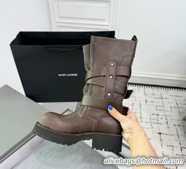 Top Design Balenciaga Venom High Boots in Calfskin with Buckle Strap Brown 0708113