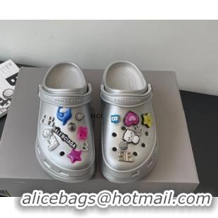 Best Grade Balenciaga Crocs Mule in Silver Rubber with Charms 0708116