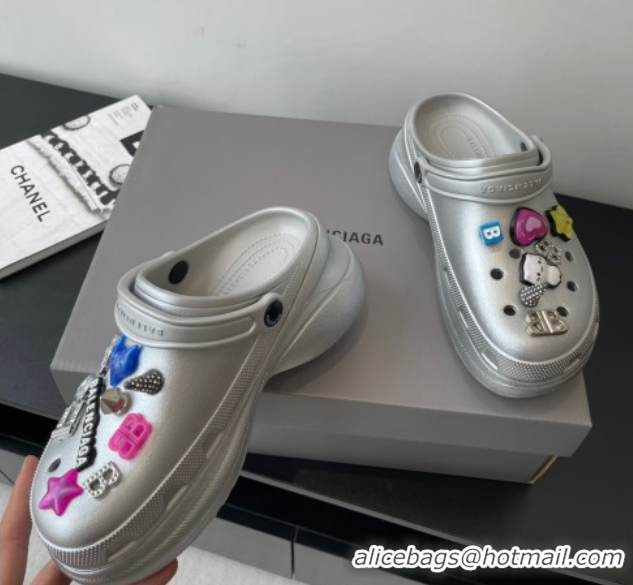 Best Grade Balenciaga Crocs Mule in Silver Rubber with Charms 0708116