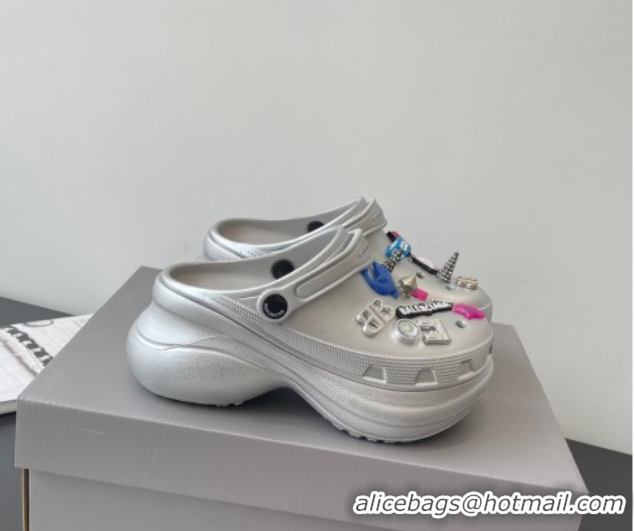 Best Grade Balenciaga Crocs Mule in Silver Rubber with Charms 0708116