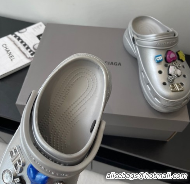 Best Grade Balenciaga Crocs Mule in Silver Rubber with Charms 0708116