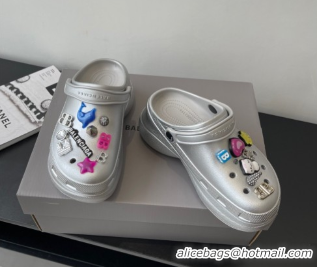 Best Grade Balenciaga Crocs Mule in Silver Rubber with Charms 0708116