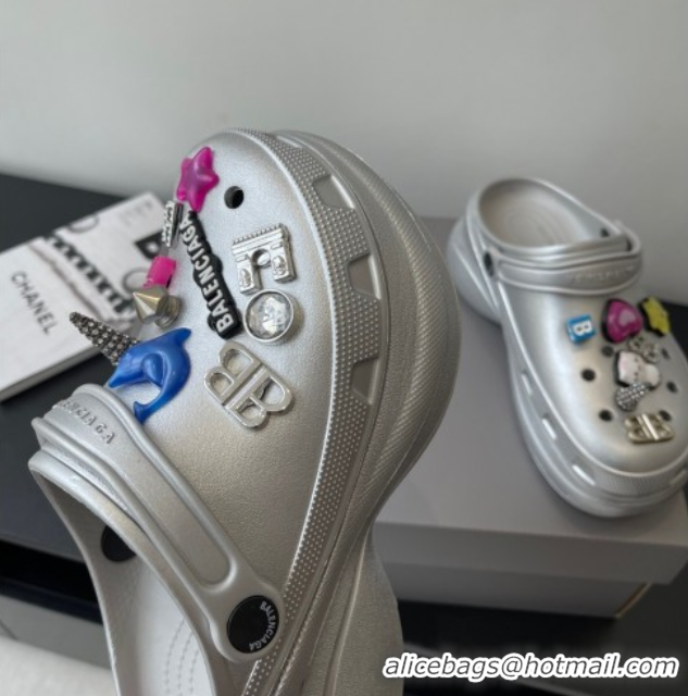 Best Grade Balenciaga Crocs Mule in Silver Rubber with Charms 0708116