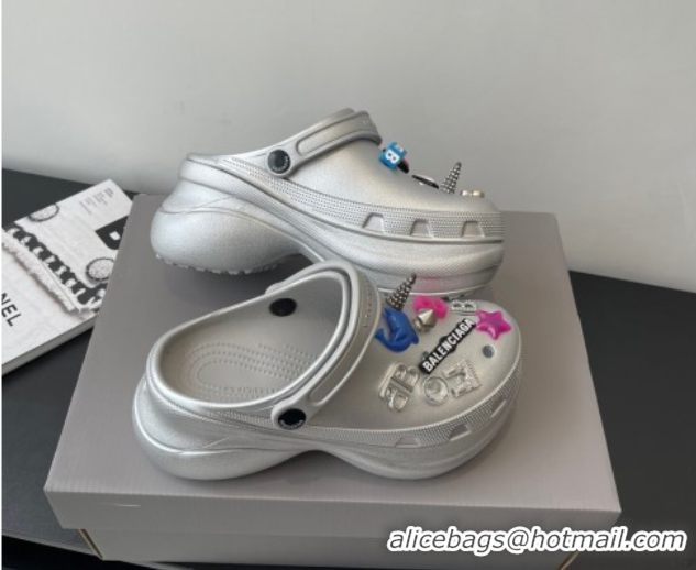 Best Grade Balenciaga Crocs Mule in Silver Rubber with Charms 0708116