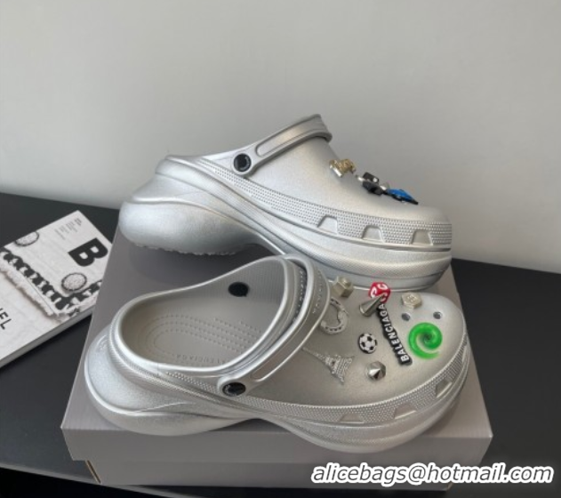 Good Quality Balenciaga Crocs Mule in Silver Rubber with Charms 0708117