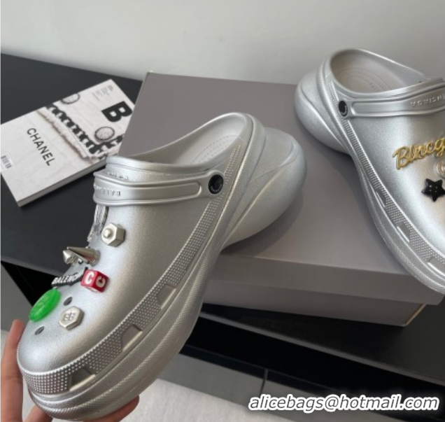 Good Quality Balenciaga Crocs Mule in Silver Rubber with Charms 0708117