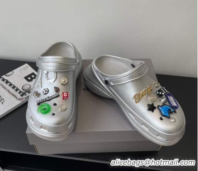 Good Quality Balenciaga Crocs Mule in Silver Rubber with Charms 0708117