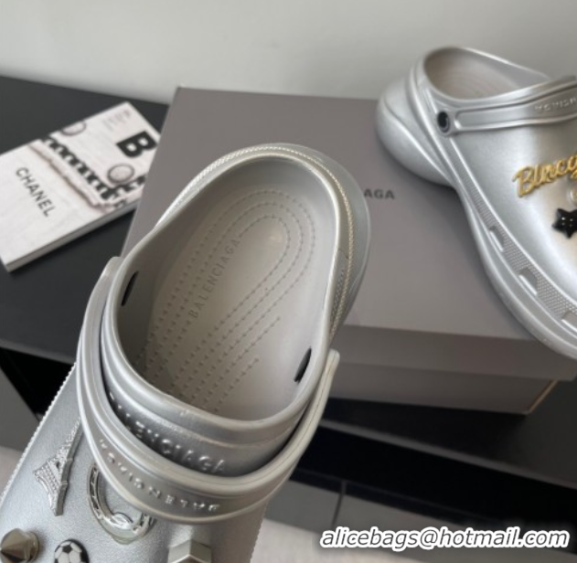 Good Quality Balenciaga Crocs Mule in Silver Rubber with Charms 0708117