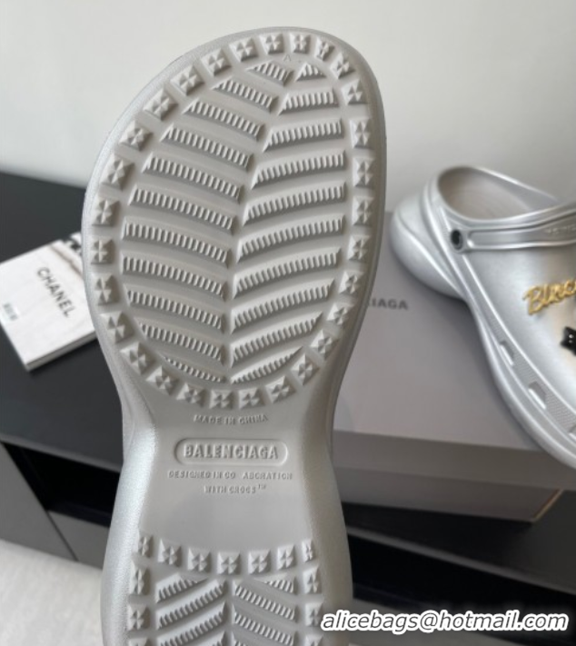 Good Quality Balenciaga Crocs Mule in Silver Rubber with Charms 0708117