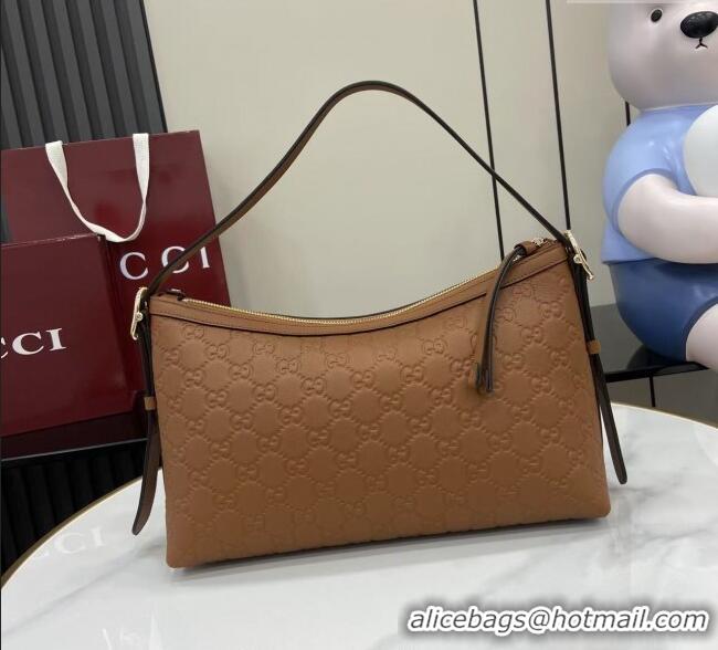 Top Quality Gucci GG Emblem Leather Medium Shoulder Bag 847449 Brown 2025