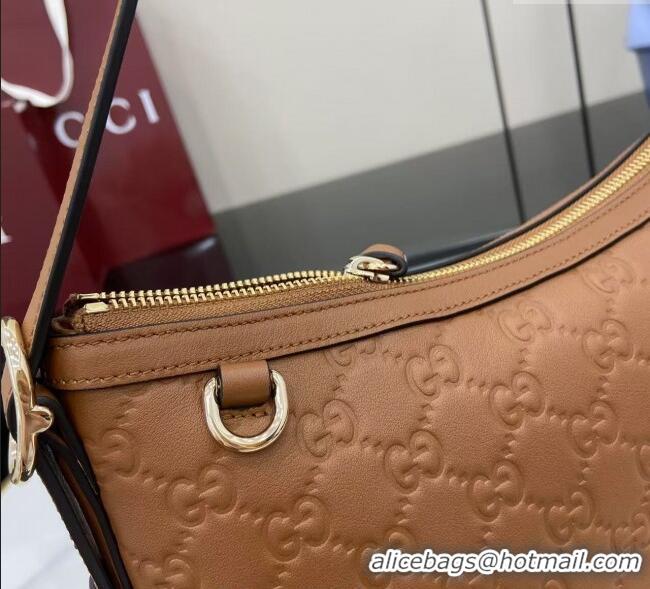 Top Quality Gucci GG Emblem Leather Medium Shoulder Bag 847449 Brown 2025
