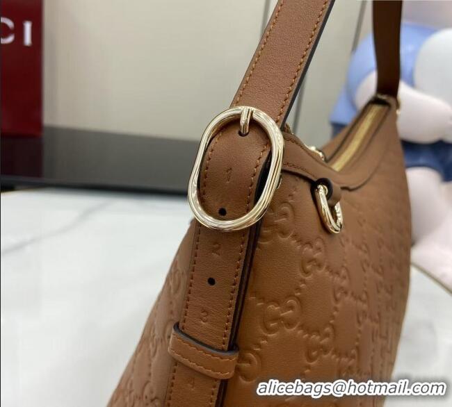 Top Quality Gucci GG Emblem Leather Medium Shoulder Bag 847449 Brown 2025