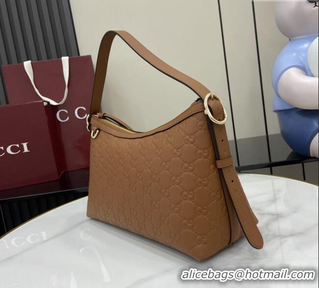 Top Quality Gucci GG Emblem Leather Medium Shoulder Bag 847449 Brown 2025