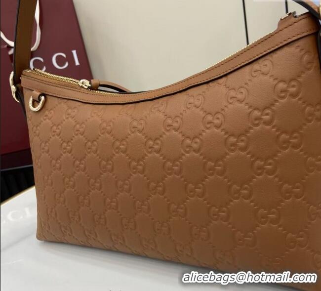 Top Quality Gucci GG Emblem Leather Medium Shoulder Bag 847449 Brown 2025