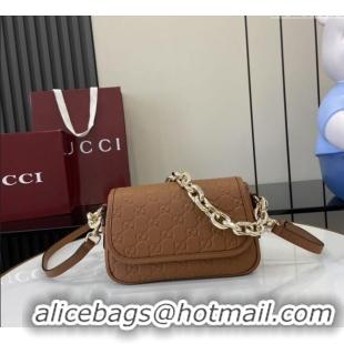 New Cheap Gucci GG Emblem Leather Small Shoulder Bag with Chain 847448 Brown 2025