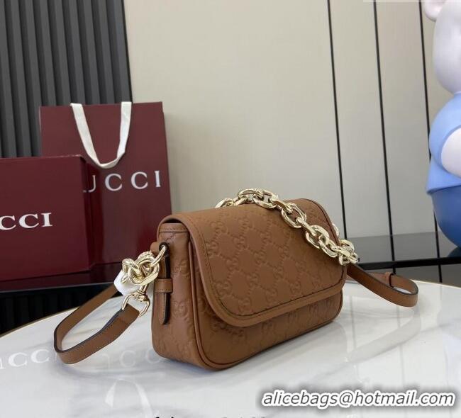 New Cheap Gucci GG Emblem Leather Small Shoulder Bag with Chain 847448 Brown 2025