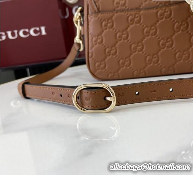 New Cheap Gucci GG Emblem Leather Small Shoulder Bag with Chain 847448 Brown 2025