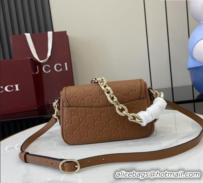 New Cheap Gucci GG Emblem Leather Small Shoulder Bag with Chain 847448 Brown 2025