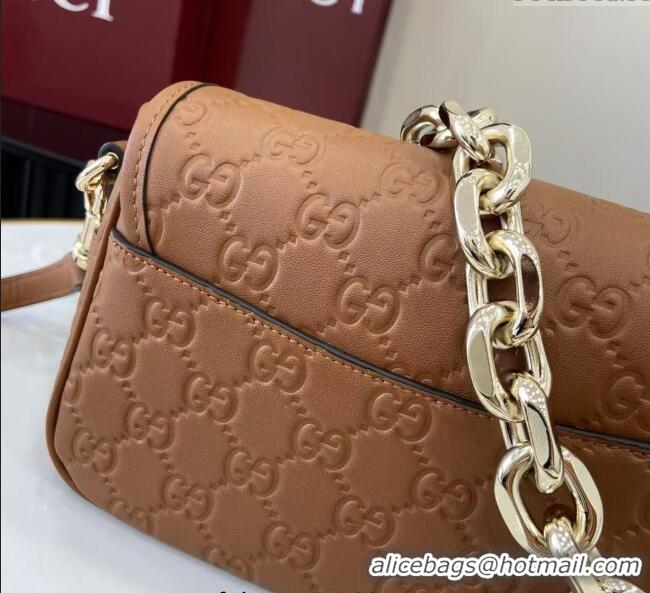 New Cheap Gucci GG Emblem Leather Small Shoulder Bag with Chain 847448 Brown 2025