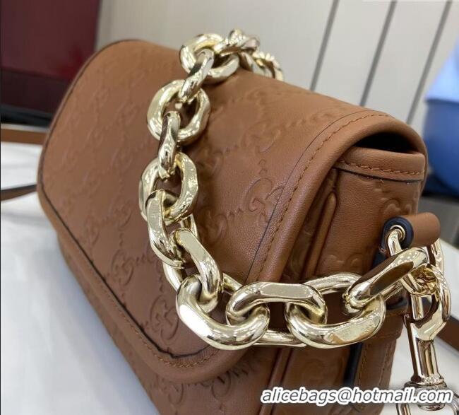New Cheap Gucci GG Emblem Leather Small Shoulder Bag with Chain 847448 Brown 2025