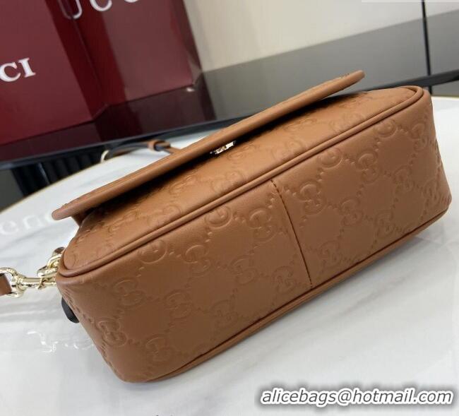 New Cheap Gucci GG Emblem Leather Small Shoulder Bag with Chain 847448 Brown 2025