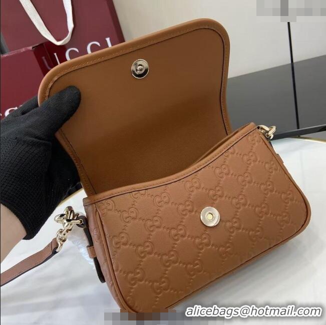 New Cheap Gucci GG Emblem Leather Small Shoulder Bag with Chain 847448 Brown 2025