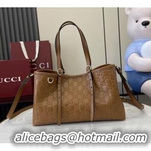 New Cheap Gucci GG Leather Emblem Medium Tote Bag 815214 Brown 2025