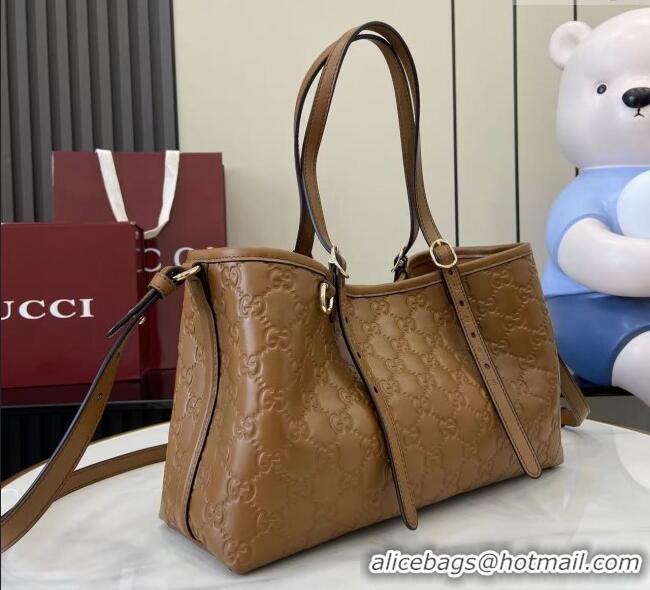 New Cheap Gucci GG Leather Emblem Medium Tote Bag 815214 Brown 2025