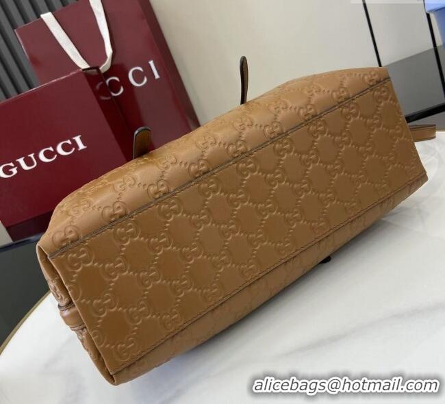 New Cheap Gucci GG Leather Emblem Medium Tote Bag 815214 Brown 2025