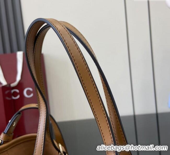New Cheap Gucci GG Leather Emblem Medium Tote Bag 815214 Brown 2025