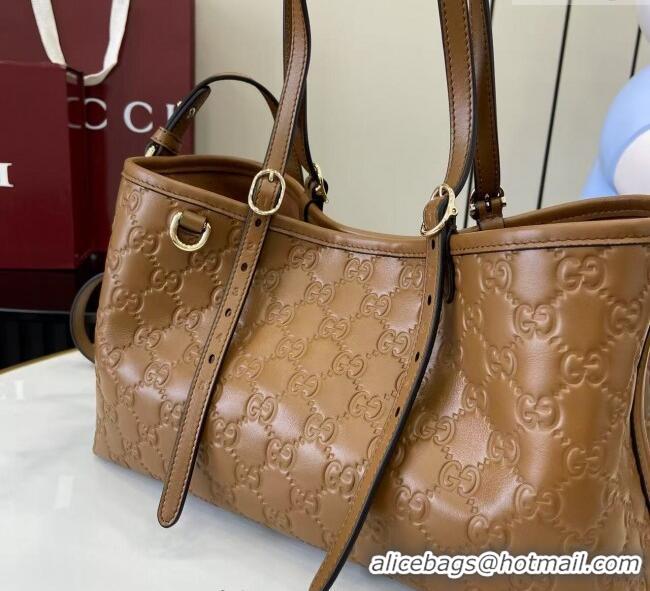New Cheap Gucci GG Leather Emblem Medium Tote Bag 815214 Brown 2025