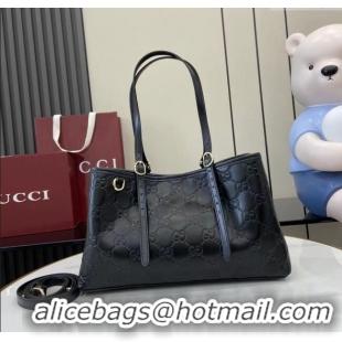 Buy Fashionable Gucci GG Leather Emblem Medium Tote Bag 815214 Black 2025