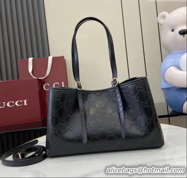 Buy Fashionable Gucci GG Leather Emblem Medium Tote Bag 815214 Black 2025