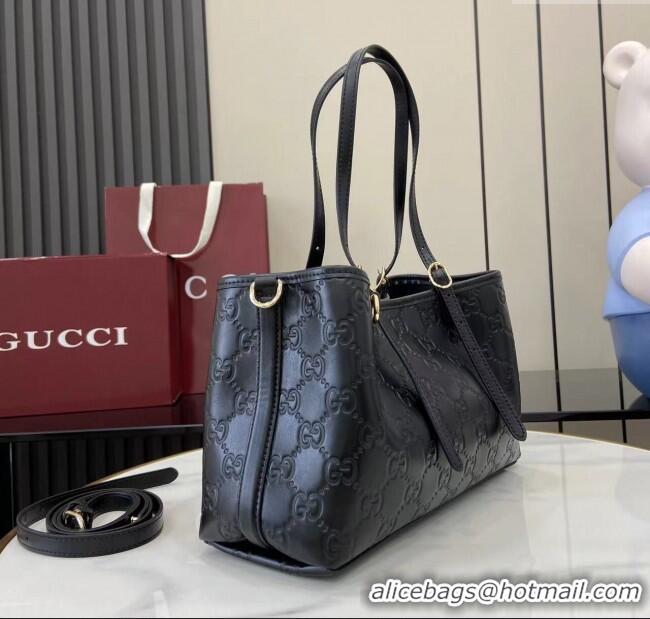 Buy Fashionable Gucci GG Leather Emblem Medium Tote Bag 815214 Black 2025