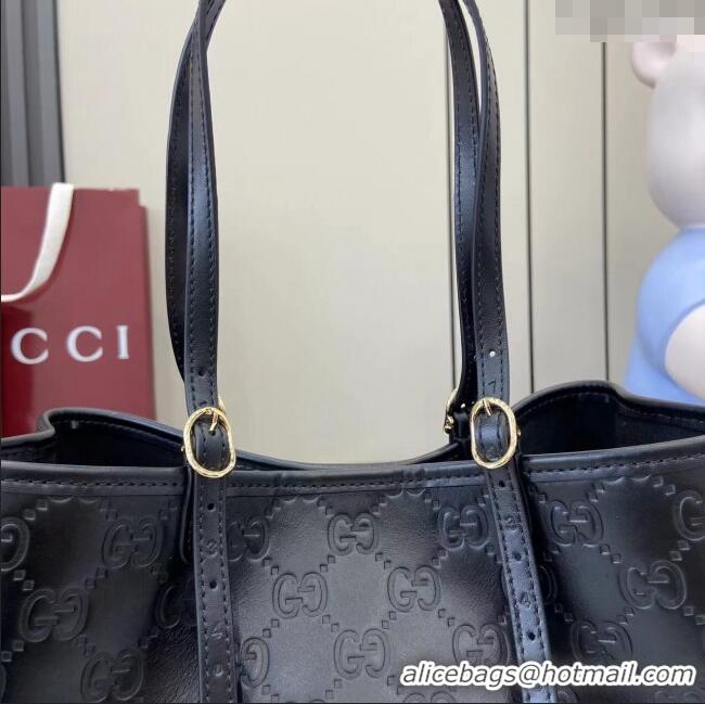 Buy Fashionable Gucci GG Leather Emblem Medium Tote Bag 815214 Black 2025