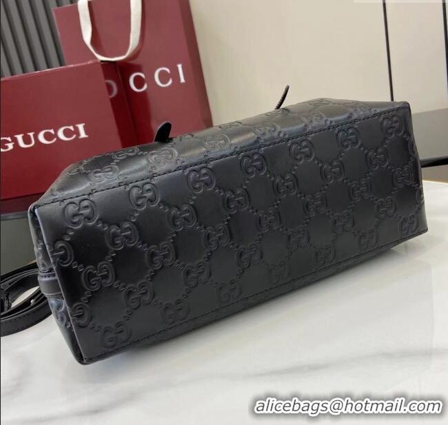 Buy Fashionable Gucci GG Leather Emblem Medium Tote Bag 815214 Black 2025