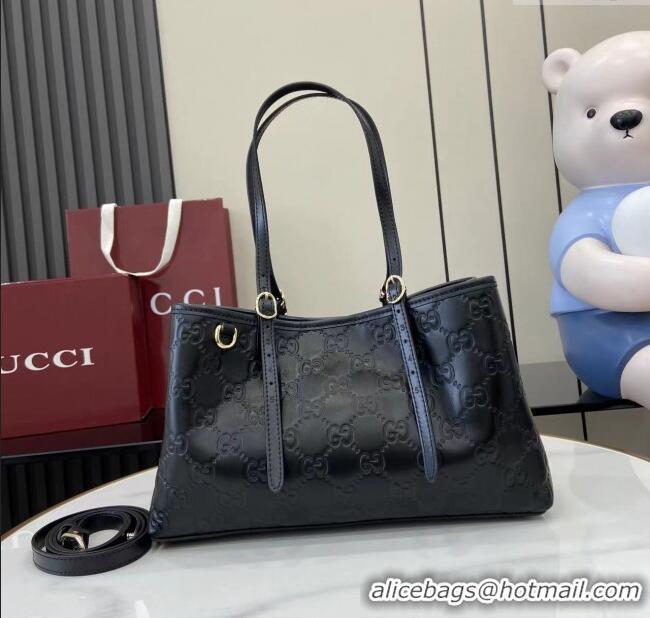 Buy Fashionable Gucci GG Leather Emblem Medium Tote Bag 815214 Black 2025