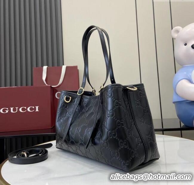 Buy Fashionable Gucci GG Leather Emblem Medium Tote Bag 815214 Black 2025