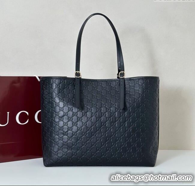 Top Design Gucci GG Emblem Leather large tote bag 847455 Black 2025