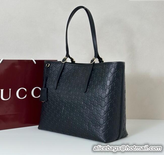 Top Design Gucci GG Emblem Leather large tote bag 847455 Black 2025